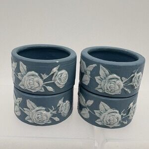 Set of 4 Blue Rose‎ Relief Napkin Rings Wedgwood Style Hard Plastic Vintage Look